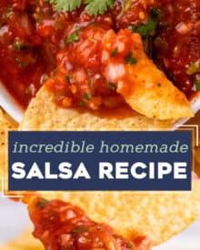 The best homemade salsa is made with juicy tomatoes, jalapeños, onion, fresh cilantro and plenty of spice and flavor! A little spicy, slightly sweet, and perfect with salty chips.  Great for game day/tailgating, parties, Mexican recipes and more!