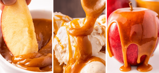 three ways to use caramel sauce as a dip, drizzle, or covering