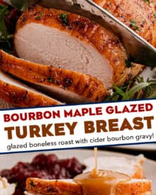 This boneless turkey breast is slathered in a sweet and savory bourbon maple glaze then roasted until crispy on the outside and moist and tender inside. Then it all comes together with a cider bourbon gravy that you'll want to pour on everything! Perfect for your Thanksgiving or other holiday dinners!