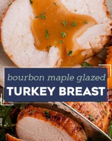 This boneless turkey breast is slathered in a sweet and savory bourbon maple glaze then roasted until crispy on the outside and moist and tender inside. Then it all comes together with a cider bourbon gravy that you'll want to pour on everything! Perfect for your Thanksgiving or other holiday dinners!