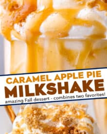 Everything you love about a sweet vanilla milkshake and rich slice of apple pie, combined in one amazing Fall dessert! These apple pie milkshakes are made with 5 simple ingredients (plus a couple of optional garnishes), and so simple to make!