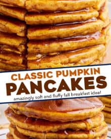 Start a chilly morning off right with a big stack of these fluffy and melt in your mouth Pumpkin Pancakes. These pancakes are so tender, and loaded with pumpkin and warm Fall spices!