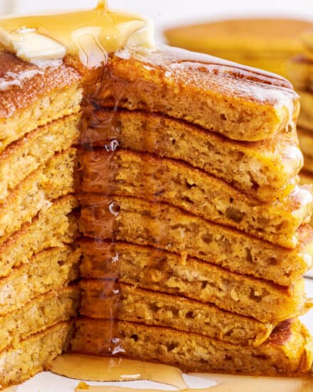 Start a chilly morning off right with a big stack of these fluffy and melt in your mouth Pumpkin Pancakes. These pancakes are so tender, and loaded with pumpkin and warm Fall spices!