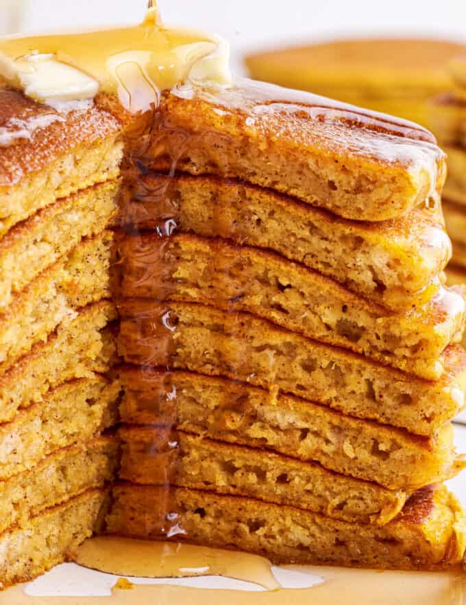 Start a chilly morning off right with a big stack of these fluffy and melt in your mouth Pumpkin Pancakes. These pancakes are so tender, and loaded with pumpkin and warm Fall spices!