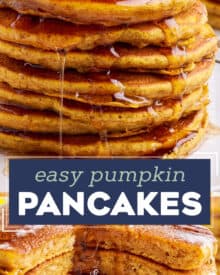 Start a chilly morning off right with a big stack of these fluffy and melt in your mouth Pumpkin Pancakes. These pancakes are so tender, and loaded with pumpkin and warm Fall spices!