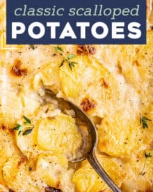 Thinly sliced potatoes are layered with sautéed onions, an easy homemade cream sauce, and some Parmesan cheese and baked until tender, golden brown and bubbly! Perfect for Thanksgiving, Christmas, Easter, or just a big family dinner... this is one side dish you need on your table!