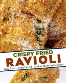 This Fried Ravioli recipe is made with frozen ravioli (meat, cheese, or veggie) that are coated in Italian panko breadcrumbs and fried until perfectly crispy and golden brown. Dust them with Parmesan cheese and serve alongside some marinara sauce and watch them disappear! Perfect as an appetizer, game day food, or a fun family dinner!