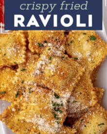 This Fried Ravioli recipe is made with frozen ravioli (meat, cheese, or veggie) that are coated in Italian panko breadcrumbs and fried until perfectly crispy and golden brown. Dust them with Parmesan cheese and serve alongside some marinara sauce and watch them disappear! Perfect as an appetizer, game day food, or a fun family dinner!