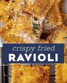 This Fried Ravioli recipe is made with frozen ravioli (meat, cheese, or veggie) that are coated in Italian panko breadcrumbs and fried until perfectly crispy and golden brown. Dust them with Parmesan cheese and serve alongside some marinara sauce and watch them disappear! Perfect as an appetizer, game day food, or a fun family dinner!