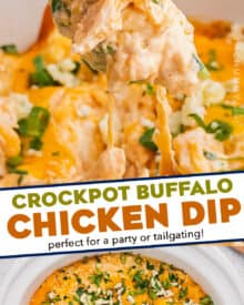This easy game day appetizer combines classic buffalo wing flavors with cool creaminess in an easy dip made in the crockpot. Perfect for any party, serve it up with chips or celery sticks and watch everyone go back for seconds!