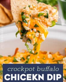 This easy game day appetizer combines classic buffalo wing flavors with cool creaminess in an easy dip made in the crockpot. Perfect for any party, serve it up with chips or celery sticks and watch everyone go back for seconds!