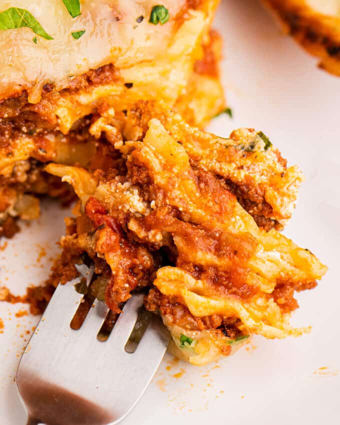 bite of lasagna on fork