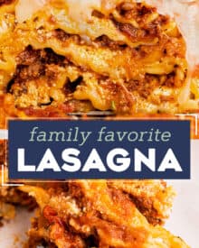 This classic lasagna recipe has layer upon layer of meaty and cheesy deliciousness! Perfect as a freezer meal or a big family dinner, this lasagna is made easy with no-boil noodles, a rich bolognese-style sauce, herbed ricotta cheese, and plenty of mozzarella and Parmesan!