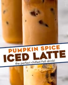 Perfectly spiced and sweetened, this homemade Iced Pumpkin Spice Latte is made with real espresso (or strong coffee), pumpkin, sugar, and warm spices!  Perfect for Fall and Winter, and way better than anything from the store!