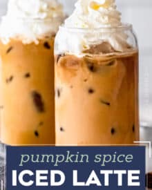 Perfectly spiced and sweetened, this homemade Iced Pumpkin Spice Latte is made with real espresso (or strong coffee), pumpkin, sugar, and warm spices!  Perfect for Fall and Winter, and way better than anything from the store!