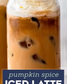 Perfectly spiced and sweetened, this homemade Iced Pumpkin Spice Latte is made with real espresso (or strong coffee), pumpkin, sugar, and warm spices!  Perfect for Fall and Winter, and way better than anything from the store!