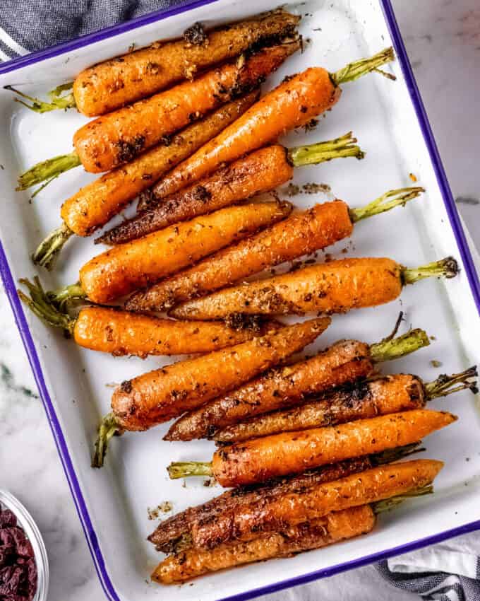 baking dish with roasted baby carrots