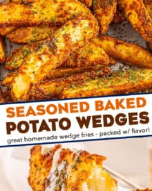 These Baked Potato Wedges are seasoned with zesty blend of spices and baked until gloriously crispy on the outside, and soft and fluffy inside! They're the perfect side dish!