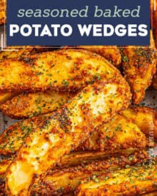 These Baked Potato Wedges are seasoned with zesty blend of spices and baked until gloriously crispy on the outside, and soft and fluffy inside! They're the perfect side dish!