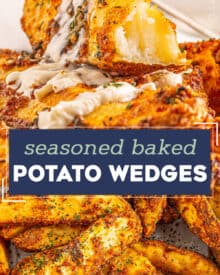 These Baked Potato Wedges are seasoned with zesty blend of spices and baked until gloriously crispy on the outside, and soft and fluffy inside! They're the perfect side dish!