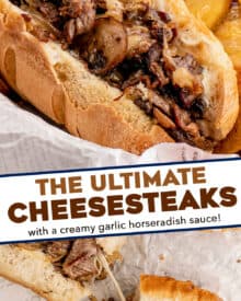 These cheesesteaks are made with juicy chopped strips of ribeye, caramelized onions, golden brown mushrooms, and are smothered in gooey provolone cheese. All that goodness is wrapped up in a tender hoagie roll that's been slathered in a creamy garlic horseradish sauce!