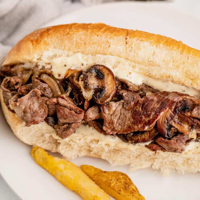 closeup of mushroom and onion cheesesteak