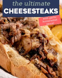These cheesesteaks are made with juicy chopped strips of ribeye, caramelized onions, golden brown mushrooms, and are smothered in gooey provolone cheese. All that goodness is wrapped up in a tender hoagie roll that's been slathered in a creamy garlic horseradish sauce!