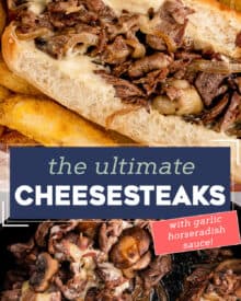 These cheesesteaks are made with juicy chopped strips of ribeye, caramelized onions, golden brown mushrooms, and are smothered in gooey provolone cheese. All that goodness is wrapped up in a tender hoagie roll that's been slathered in a creamy garlic horseradish sauce!