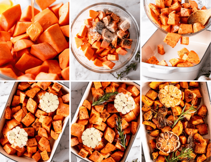 step by step photos of how to roast sweet potatoes with garlic and herbs