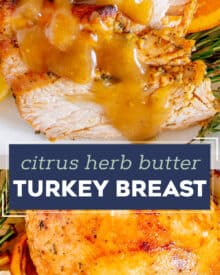 This boneless turkey breast is slathered in a savory citrus and herb butter, then roasted until crispy on the outside and moist and tender inside. It's perfect for your Thanksgiving or other holiday dinners!