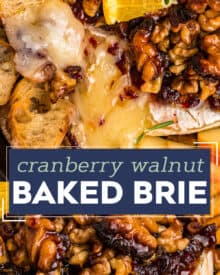 This baked brie recipe is perfect for the holidays, or any party! A wheel of brie is topped with an orange/cranberry spread, crunchy walnuts, and floral honey, then baked until perfectly gooey. Serve with baguette slices, apples, crackers, and more!