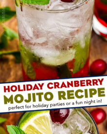 These tart and sweet cranberry mojitos are a festive twist on a classic cocktail, and are perfect for all your winter holiday gatherings! This recipe includes both small and large batch instructions.