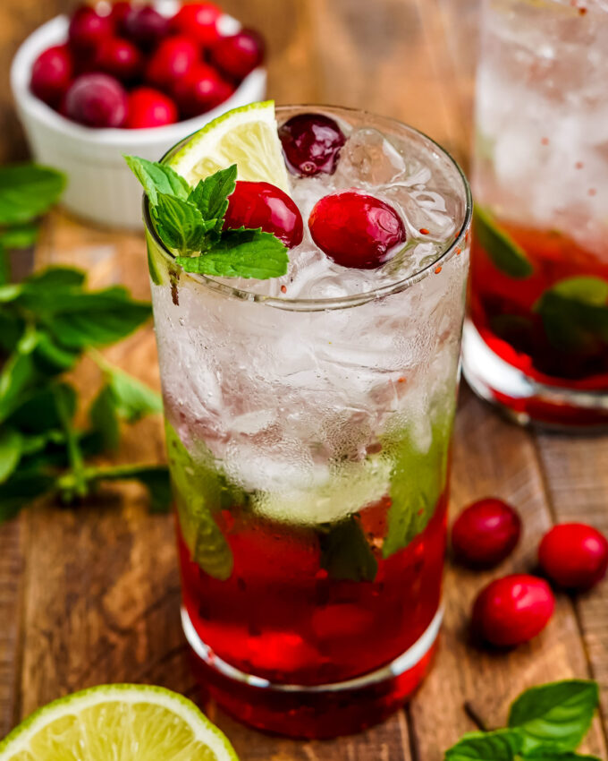 glasses of cranberry mojitos on wooden table with mint and cranberries