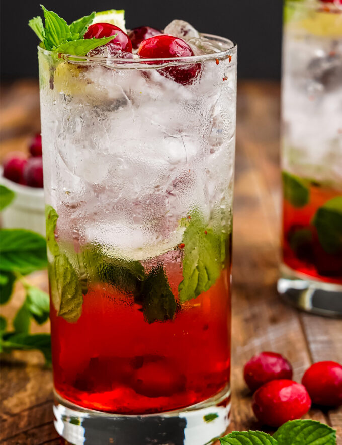 These tart and sweet cranberry mojitos are a festive twist on a classic cocktail, and are perfect for all your winter holiday gatherings! This recipe includes both small and large batch instructions.