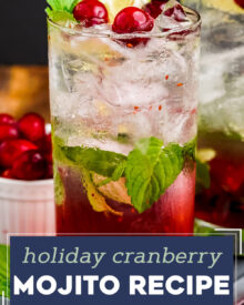 These tart and sweet cranberry mojitos are a festive twist on a classic cocktail, and are perfect for all your winter holiday gatherings! This recipe includes both small and large batch instructions.