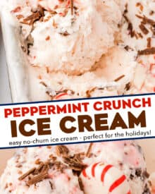 Creamy peppermint infused ice cream is packed with rich shaved chocolate and crunchy bits of peppermint candies. This frozen dessert is so simple to make, and very easy to customize! Plus, no ice cream maker is required!