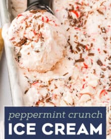 Creamy peppermint infused ice cream is packed with rich shaved chocolate and crunchy bits of peppermint candies. This frozen dessert is so simple to make, and very easy to customize! Plus, no ice cream maker is required!