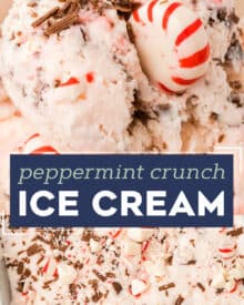 Creamy peppermint infused ice cream is packed with rich shaved chocolate and crunchy bits of peppermint candies. This frozen dessert is so simple to make, and very easy to customize! Plus, no ice cream maker is required!