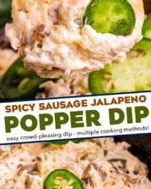 This easy game day appetizer combines the flavors of jalapeño poppers and spicy sausage in a creamy dip made in the slow cooker or oven. Perfect for any party, serve it up with chips and watch everyone go back for seconds!