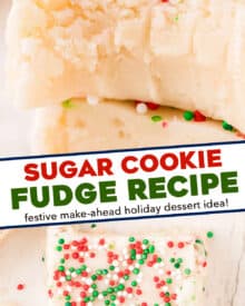 This easy no-bake treat is perfect for the holidays! Made with simple ingredients, this sugar cookie fudge recipe can be customized to any holiday or event, and freezes well for longer storage!