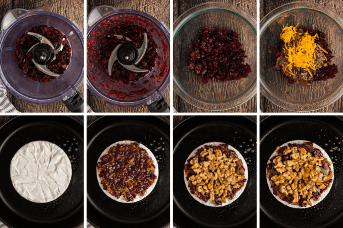 step by step photos of how to make baked brie topped with cranberries and walnuts