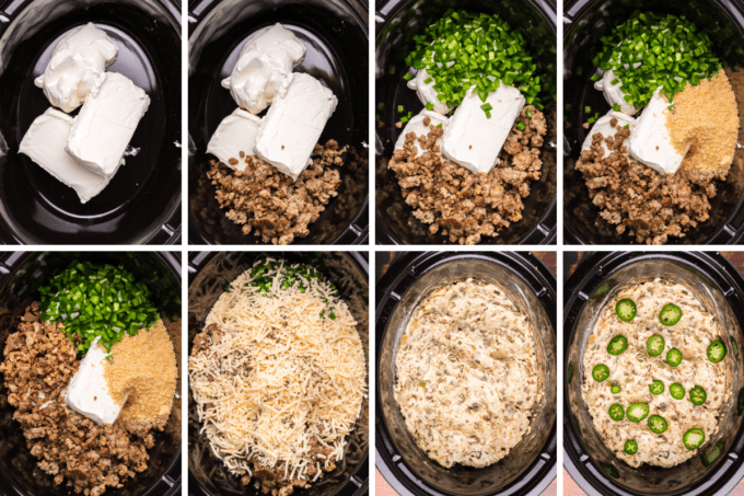 step by step photos of how to make sausage jalapeño popper dip in a slow cooker