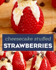 These fresh strawberries are filled with an easy 4 ingredient no-bake cheesecake filling, then sprinkled with graham cracker crumbs and mini chocolate chips! They're the perfect simple dessert to bring to a party or serve after dinner.