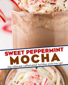 Skip the expensive coffee run and make your peppermint mocha right in your own kitchen! Made easily with 6 simple ingredients like steamed milk, strong coffee (or espresso), and more. Top it off with a swirl of whipped cream, chocolate shavings and crushed peppermint candies!