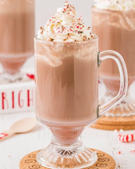 Skip the expensive coffee run and make your peppermint mocha right in your own kitchen! Made easily with 6 simple ingredients like steamed milk, strong coffee (or espresso), and more. Top it off with a swirl of whipped cream, chocolate shavings and crushed peppermint candies!