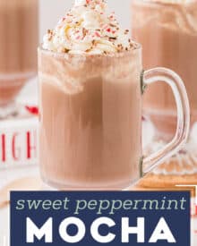 Skip the expensive coffee run and make your peppermint mocha right in your own kitchen! Made easily with 6 simple ingredients like steamed milk, strong coffee (or espresso), and more. Top it off with a swirl of whipped cream, chocolate shavings and crushed peppermint candies!