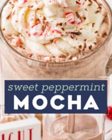 Skip the expensive coffee run and make your peppermint mocha right in your own kitchen! Made easily with 6 simple ingredients like steamed milk, strong coffee (or espresso), and more. Top it off with a swirl of whipped cream, chocolate shavings and crushed peppermint candies!
