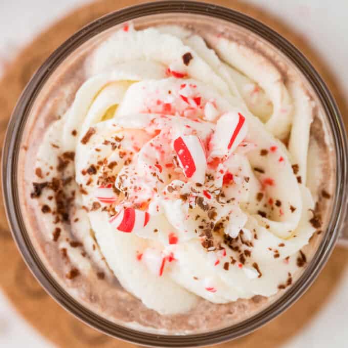 overhead view of a peppermint mocha garnished with peppermint, shaved chocolate, and whipped cream