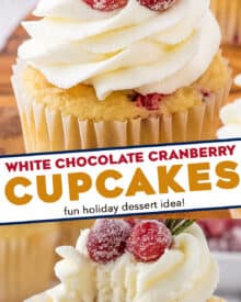 Fluffy and soft vanilla cupcakes studded with tart cranberries, topped with a decadent white chocolate buttercream frosting, and simple homemade sugared cranberries! Holiday baking has never been more delicious!