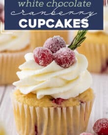 Fluffy and soft vanilla cupcakes studded with tart cranberries, topped with a decadent white chocolate buttercream frosting, and simple homemade sugared cranberries! Holiday baking has never been more delicious!